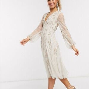 ASOS DESIGN MIDI DRESS WITH BLOUSON SLEEVE DELICATE FLORAL EMBELLISHMENT, TAUPE